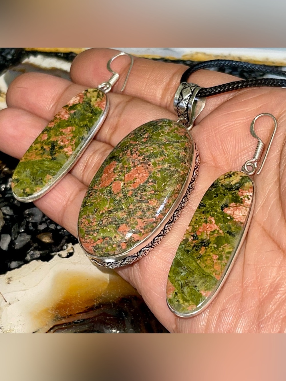 Unakite Jasper Pendant & Earrings Set